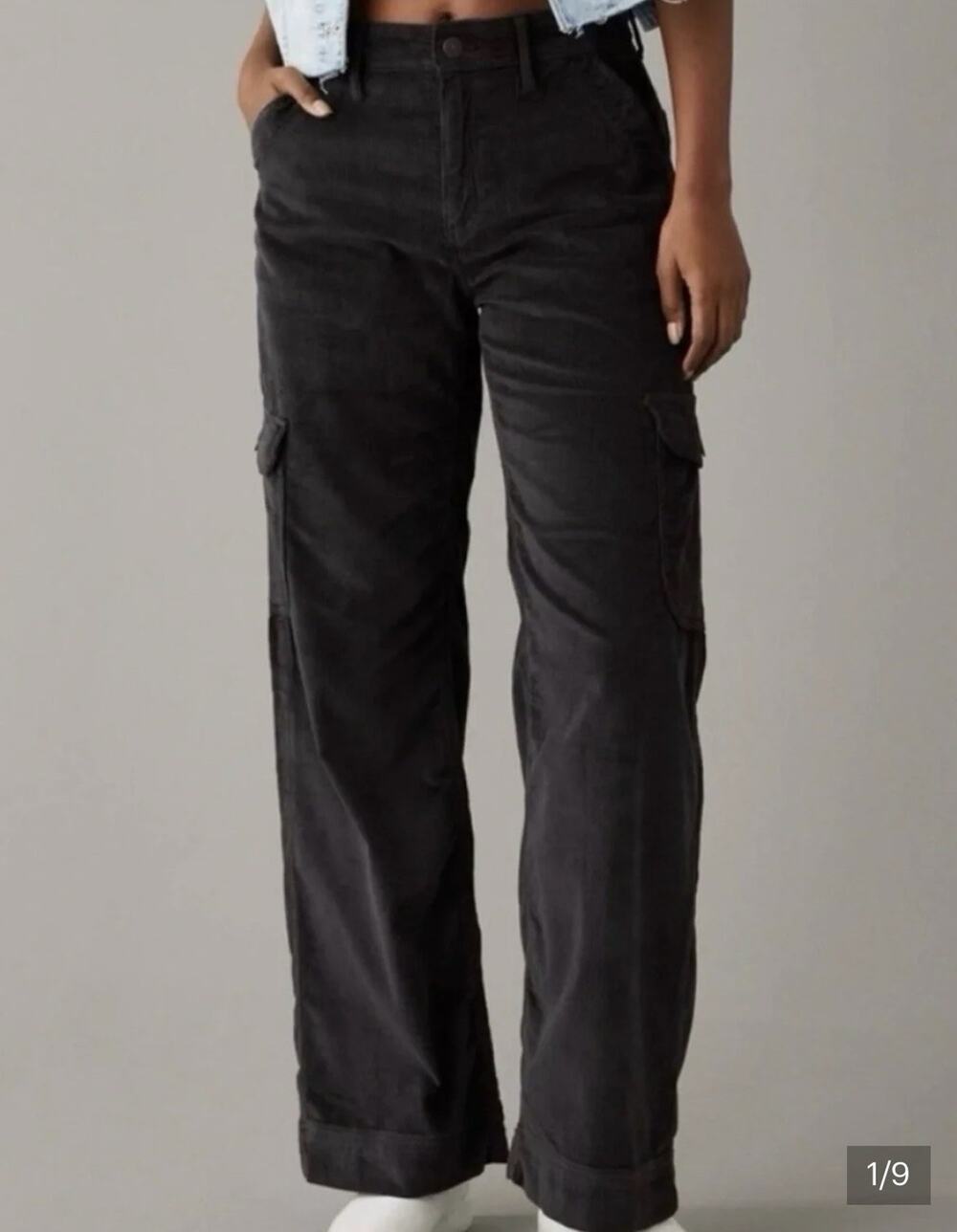 American Eagle Womens Super High Rise Baggy Wide Leg Corduroy Pants Sz 14 Black